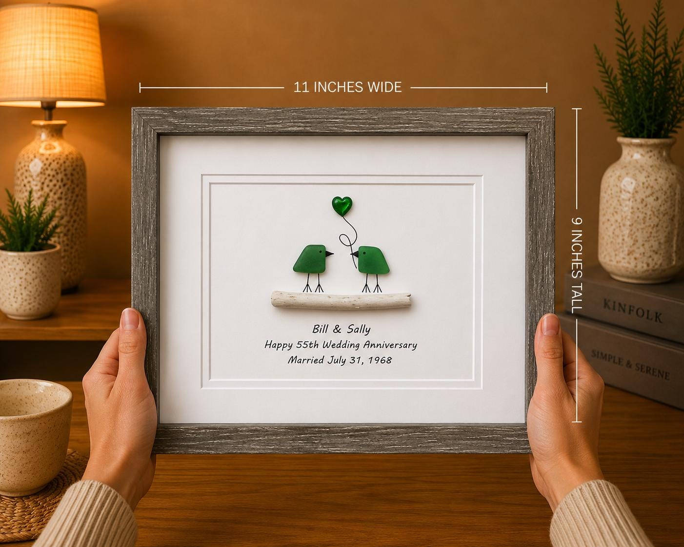 Personalized 55th Anniversary Gift, Sea Glass Birds, Emerald Heart, Framed