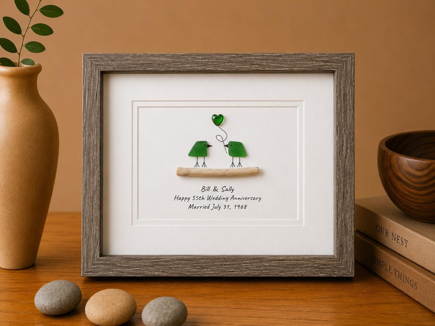 Personalized 55th Anniversary Gift, Sea Glass Birds, Emerald Heart, Framed