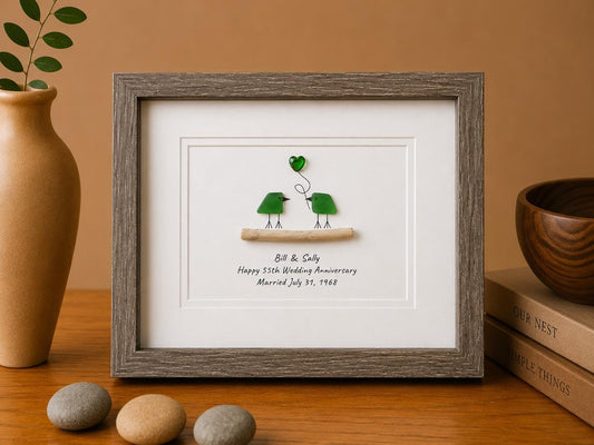 Personalized 55th Anniversary Gift, Sea Glass Birds, Emerald Heart, Framed