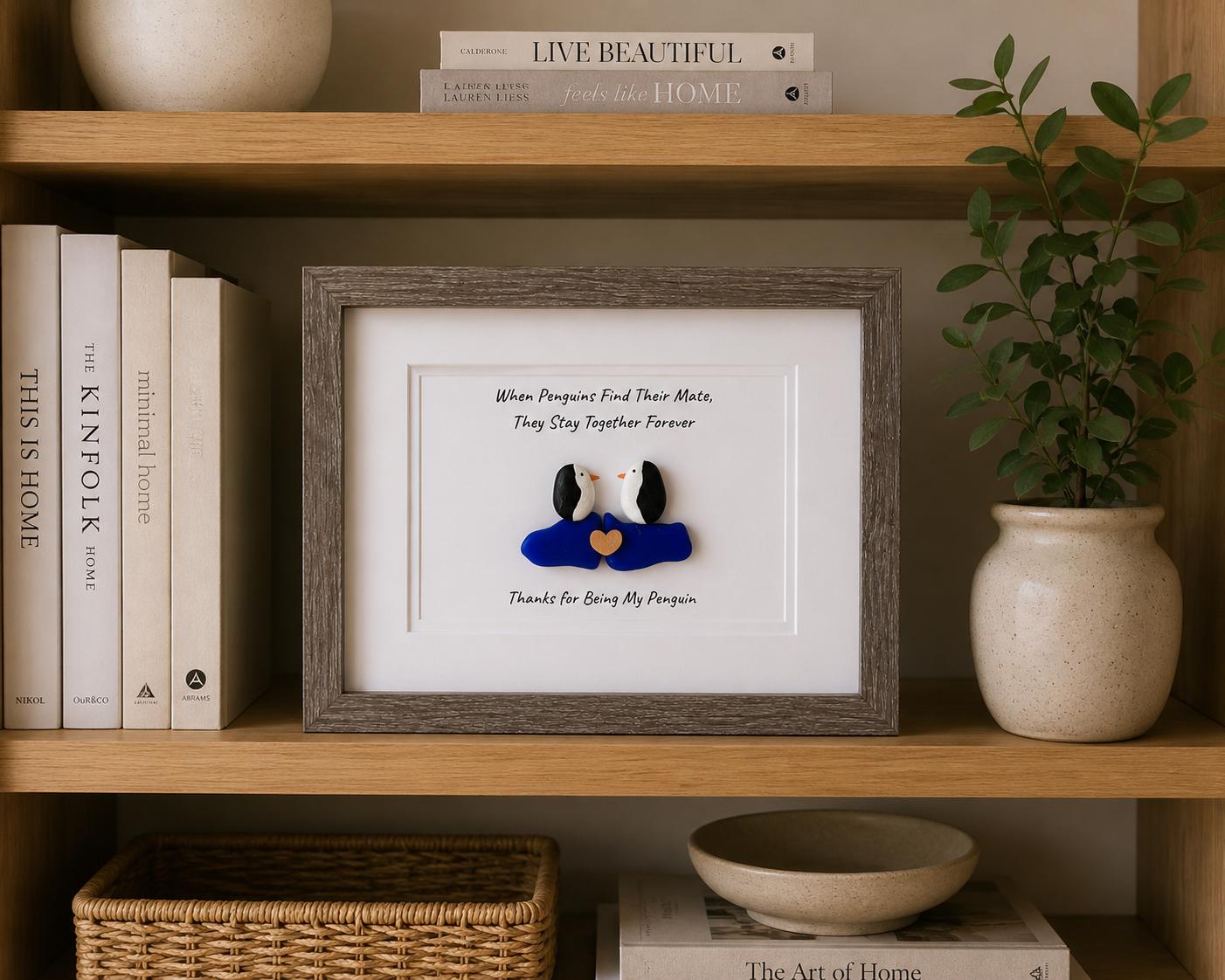 Thanks for Being My Penguin | Handmade Pebble & Sea Glass Art | Romantic Framed Gift for Anniversary or Partner | Sea Glass Penguin Art