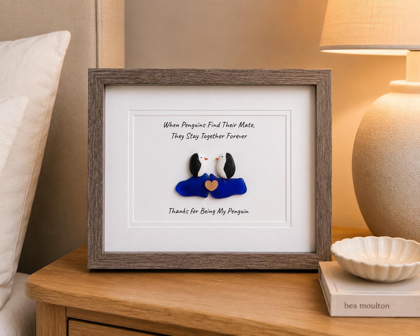 Thanks for Being My Penguin | Handmade Pebble & Sea Glass Art | Romantic Framed Gift for Anniversary or Partner | Sea Glass Penguin Art