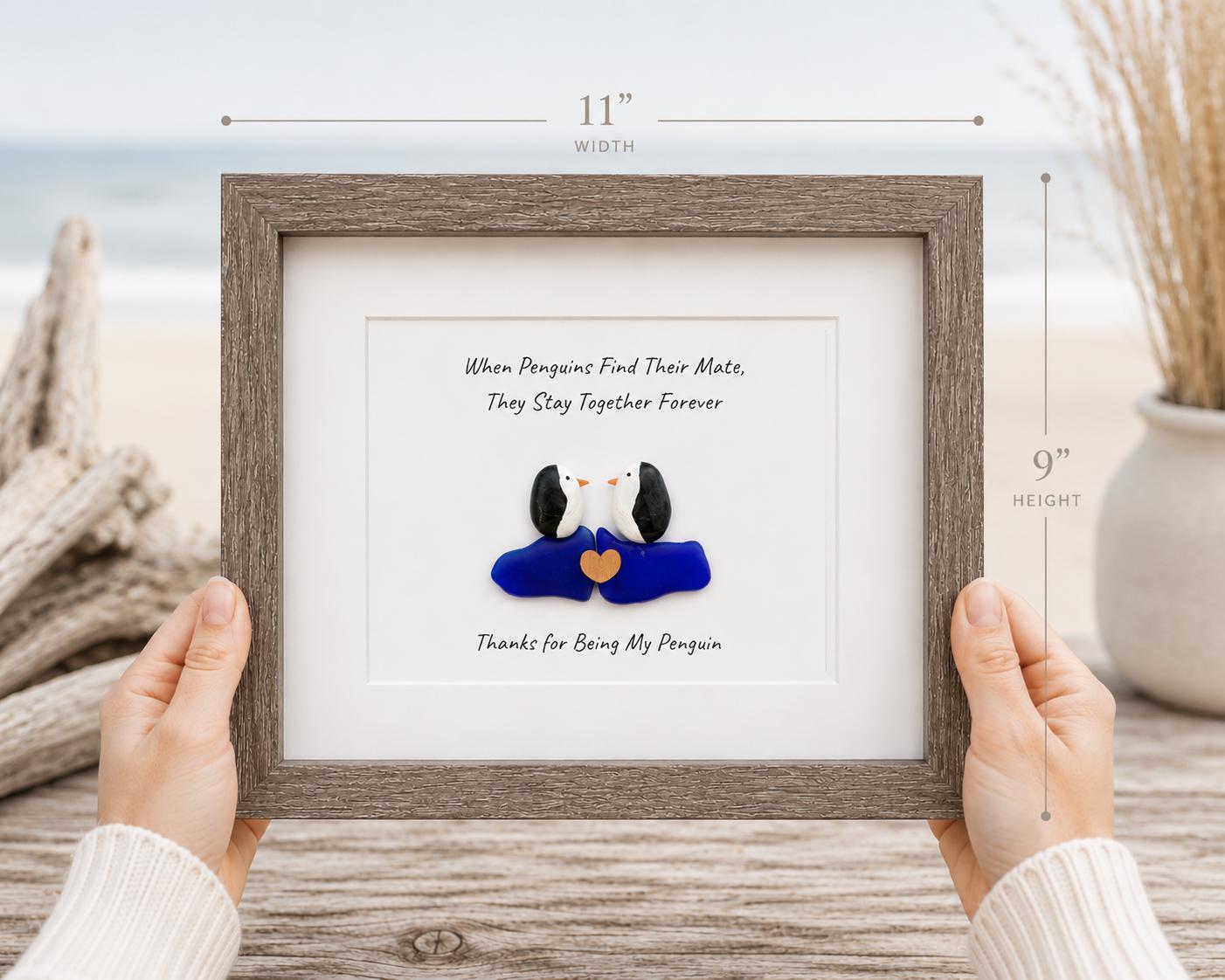 Thanks for Being My Penguin | Handmade Pebble & Sea Glass Art | Romantic Framed Gift for Anniversary or Partner | Sea Glass Penguin Art