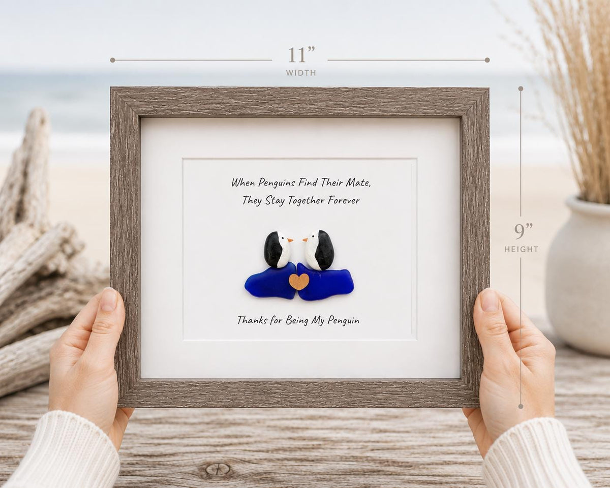 Thanks for Being My Penguin | Handmade Pebble & Sea Glass Art | Romantic Framed Gift for Anniversary or Partner | Sea Glass Penguin Art