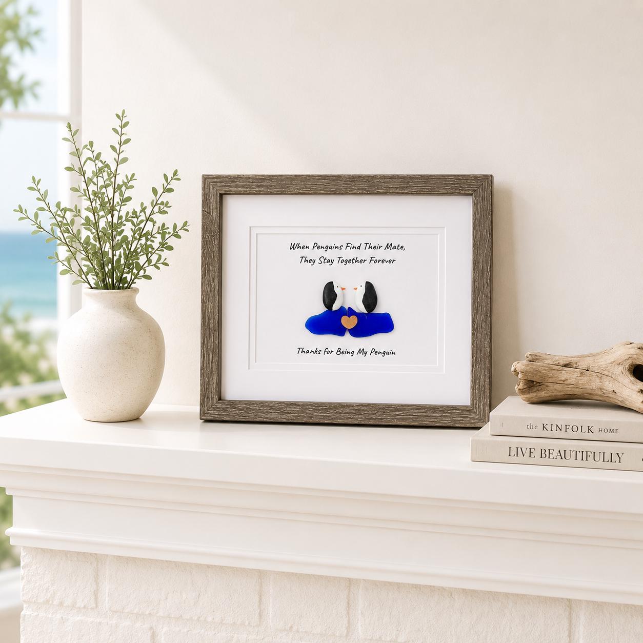 Thanks for Being My Penguin | Handmade Pebble & Sea Glass Art | Romantic Framed Gift for Anniversary or Partner | Sea Glass Penguin Art