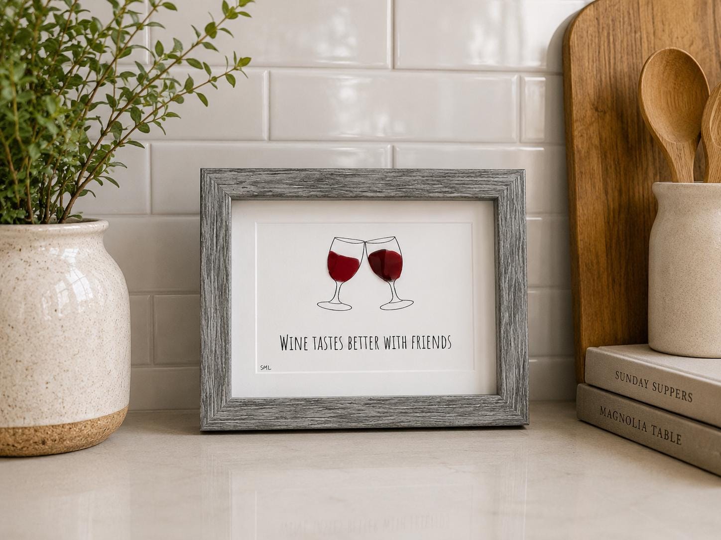 Wine Tastes Better With Friends Sea Glass Art, 5x7 Framed Handmade Picture, Bar Decoration, Cocktail Art, Housewarming Gift, Wine Lover