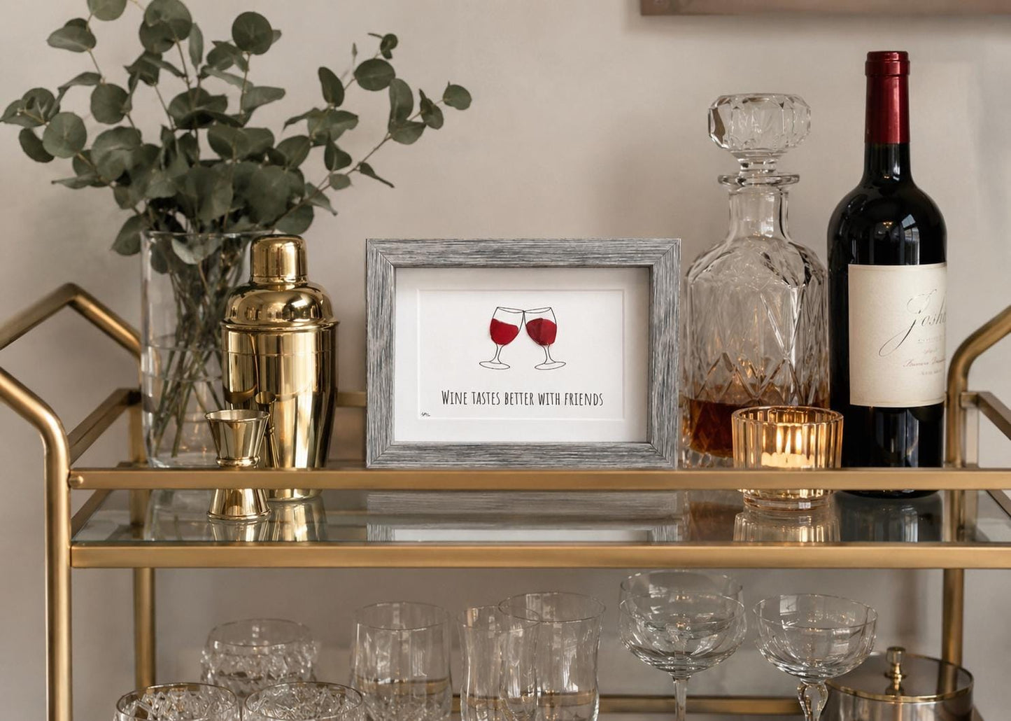 Wine Tastes Better With Friends Sea Glass Art, 5x7 Framed Handmade Picture, Bar Decoration, Cocktail Art, Housewarming Gift, Wine Lover