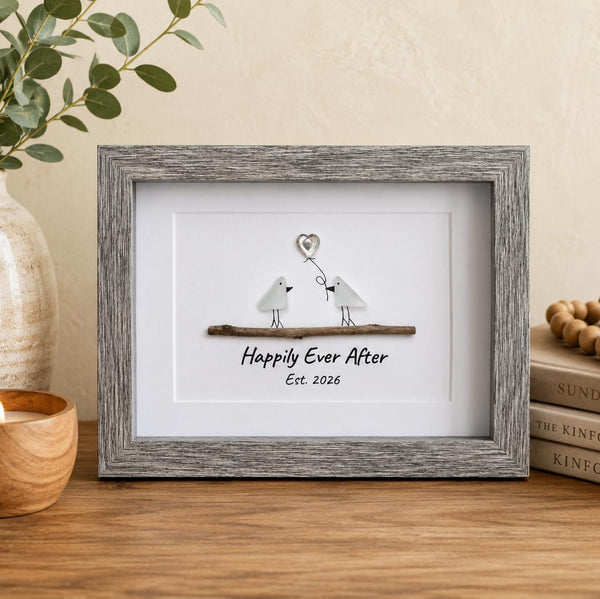 Happily Ever After Sea Glass Birds | 5x7 Framed Wedding Gift | Handmade & Personalized Artwork