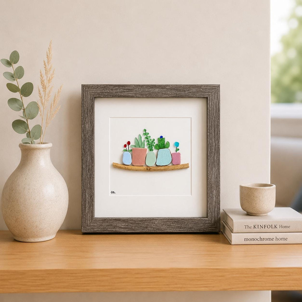 Flowers in Pots | Beach Mosaic from Pottery and Glass | Original Handmade Wall Art | Beach Gift Plant Lover | 8x8 Sea Glass and Pottery Art