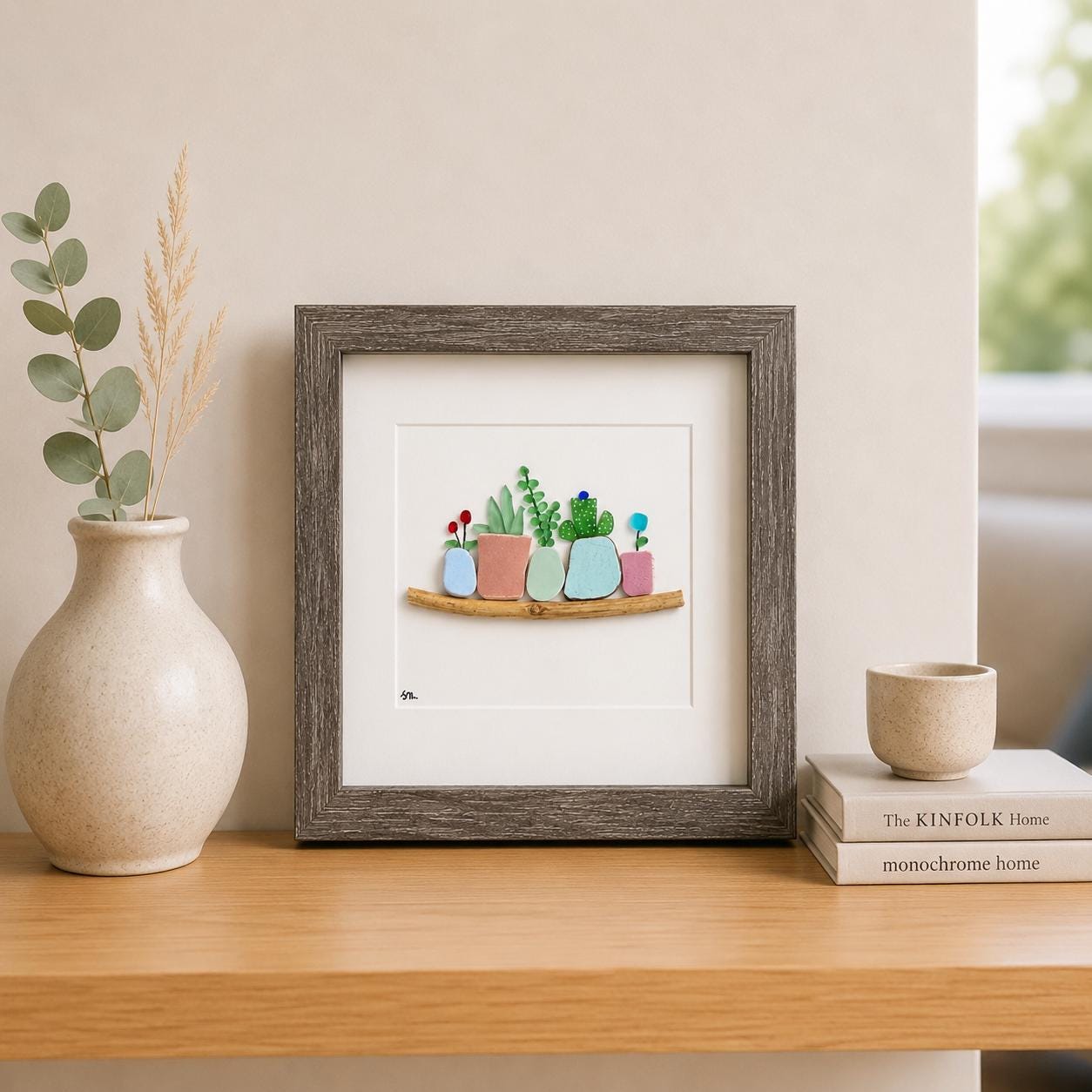 Sea Glass Plant Mosaic, Framed Beach Pottery Art, Handmade Wall Decor