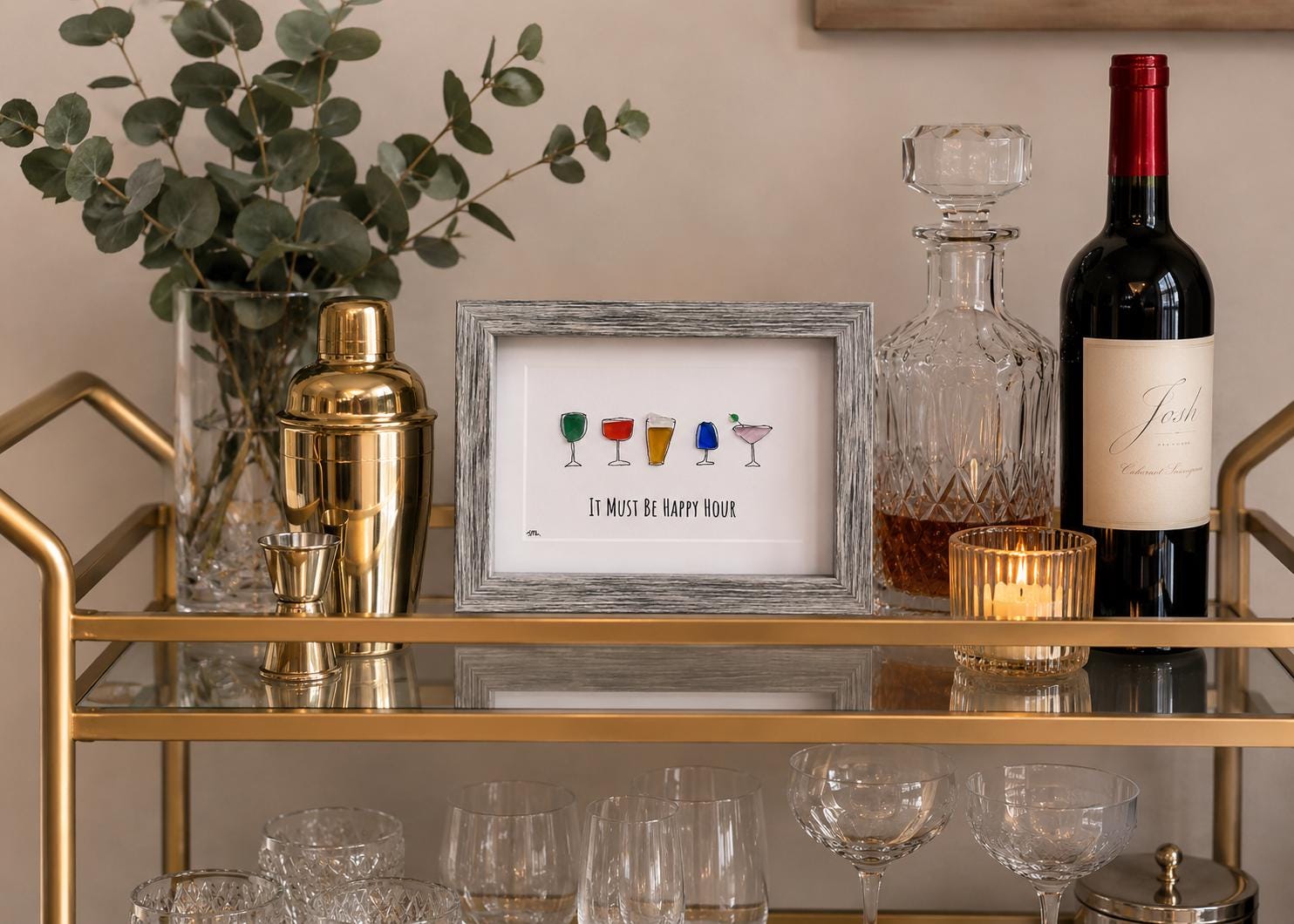 Happy Hour Sea Glass Art, Cocktail Wall Decor, Bar Cart Decor, Framed Drink Art, Kitchen Bar Sign, Housewarming Gift, Gift for Friend