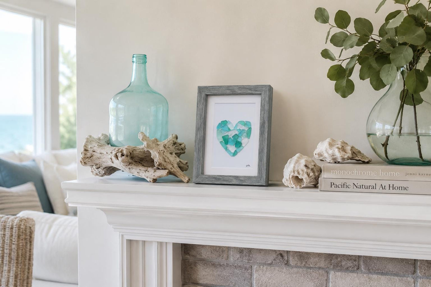 Sea Glass Love Heart Art, 6x8” Framed Original Artwork in Shades of Blue & Teal