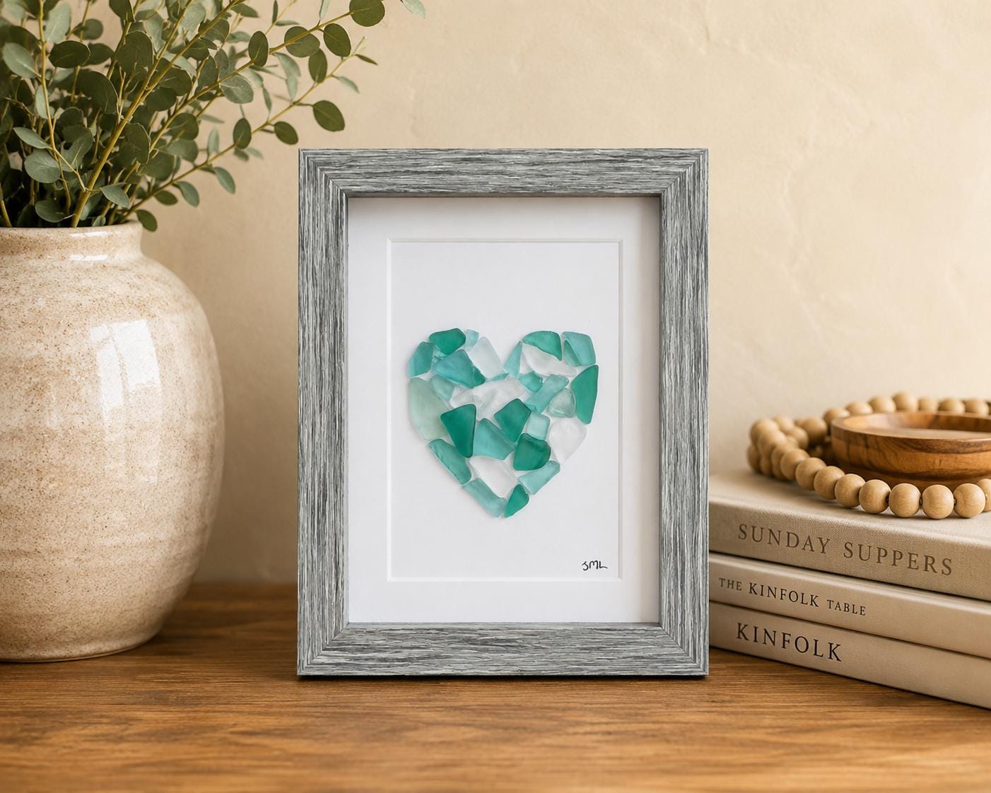 Sea Glass Love Heart Art, 6x8” Framed Original Artwork in Shades of Blue & Teal