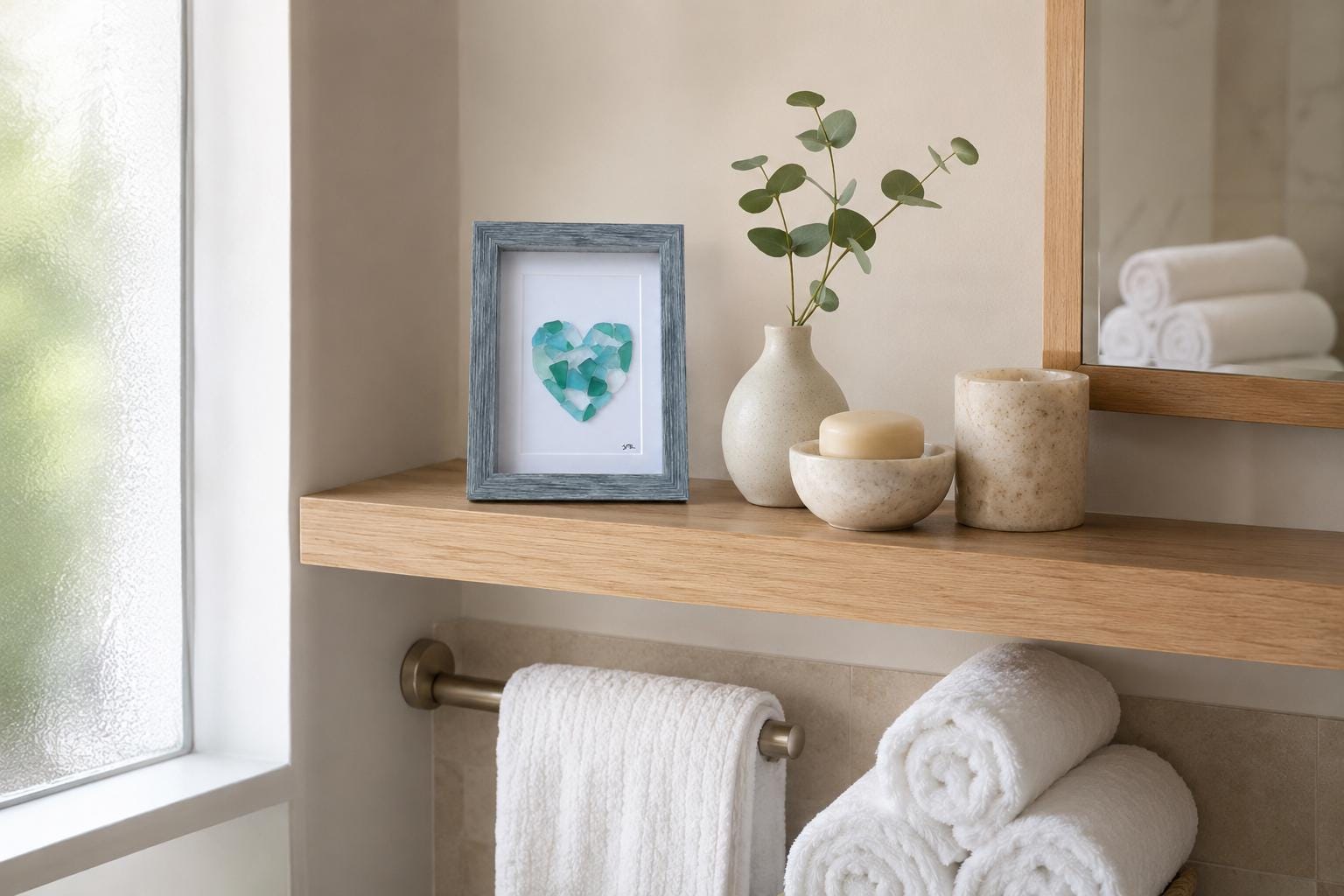 Sea Glass Love Heart Art, 6x8” Framed Original Artwork in Shades of Blue & Teal