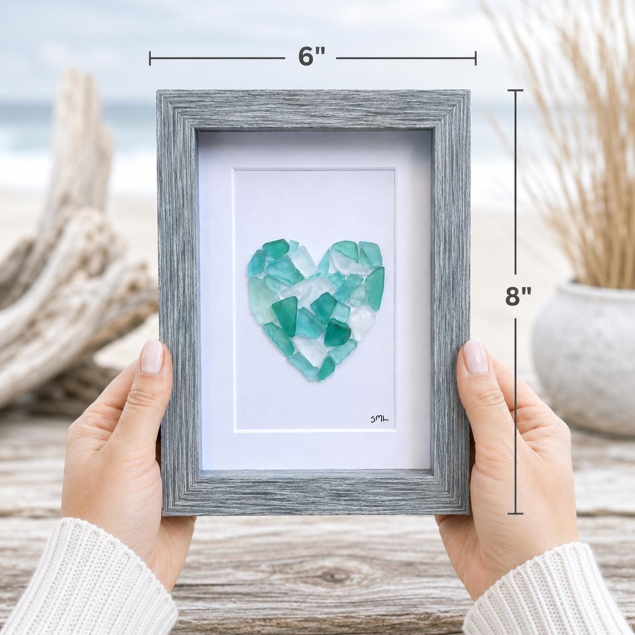 Sea Glass Love Heart Art, 6x8” Framed Original Artwork in Shades of Blue & Teal