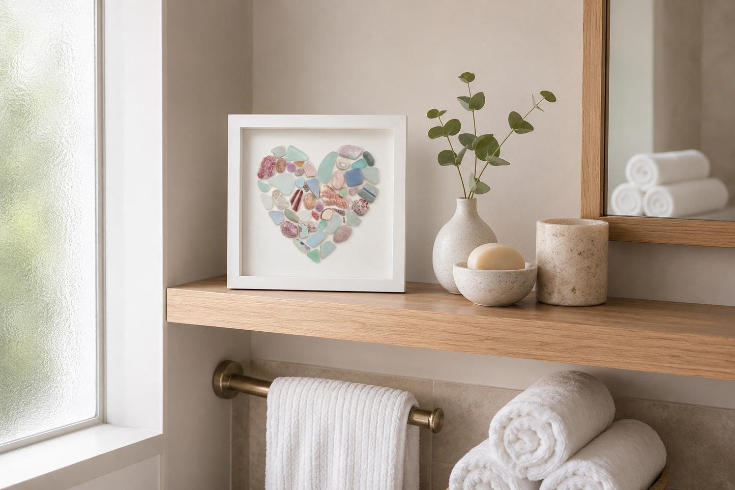 Sea Glass Heart Art | 9x9 Framed Coastal Collage
