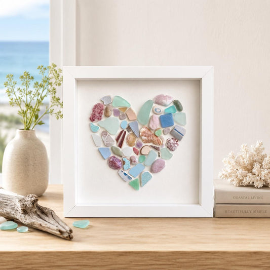 Colorful Heart Beach Collage | 9x9 Framed Sea Glass, Shell & Pottery Art | Handmade Coastal Wall Decor | Scottish Sea Glass and Shells