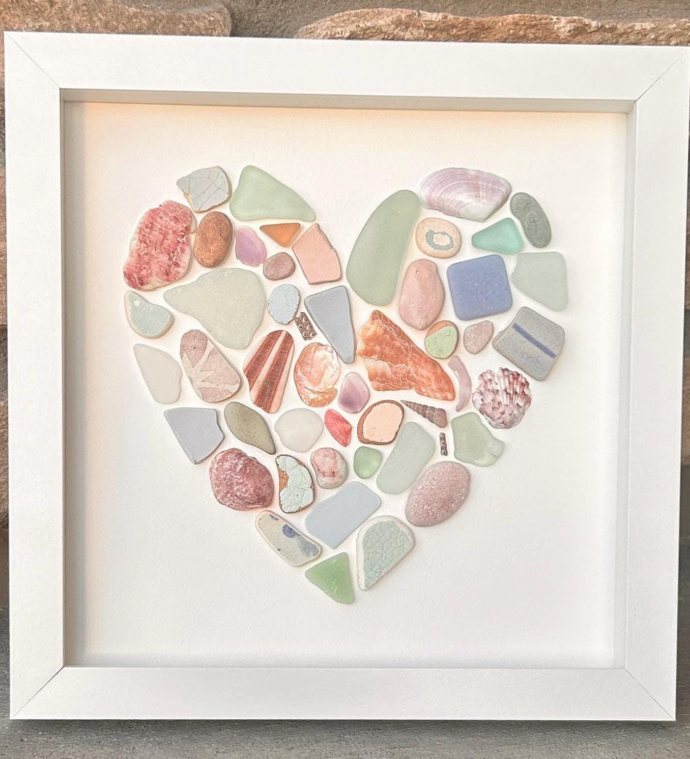 Sea Glass Heart Art | 9x9 Framed Coastal Collage