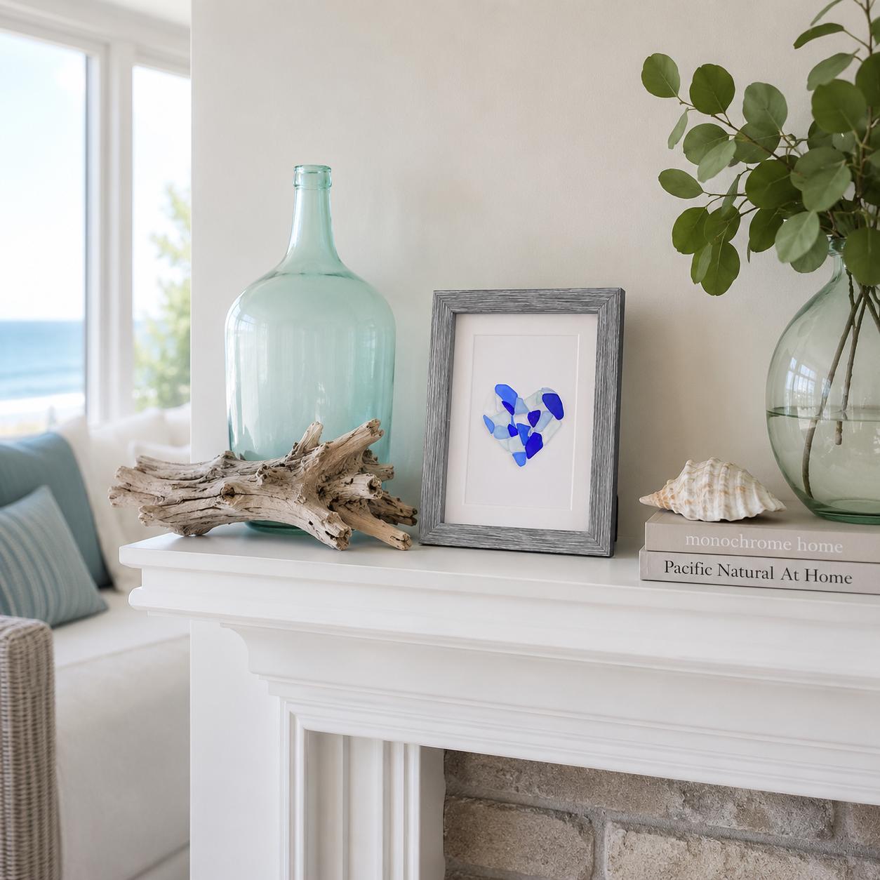 Sea Glass Heart, Framed Coastal Art, Beach Decor, Valentines Day (5x7 inch)