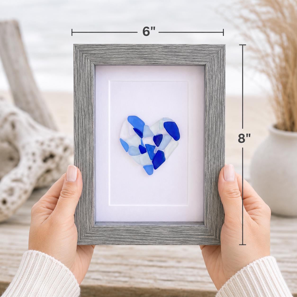 Sea Glass Heart, Framed Coastal Art, Beach Decor, Valentines Day (5x7 inch)