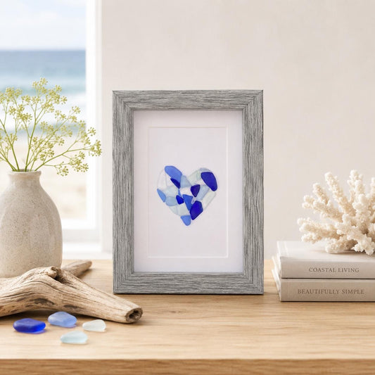 Glass Love Heart | Heart Art in Shades of Blue | Beach Lover Gift | Coastal Wall Decor | Gift for Friend | 5x7 Sea Glass Art