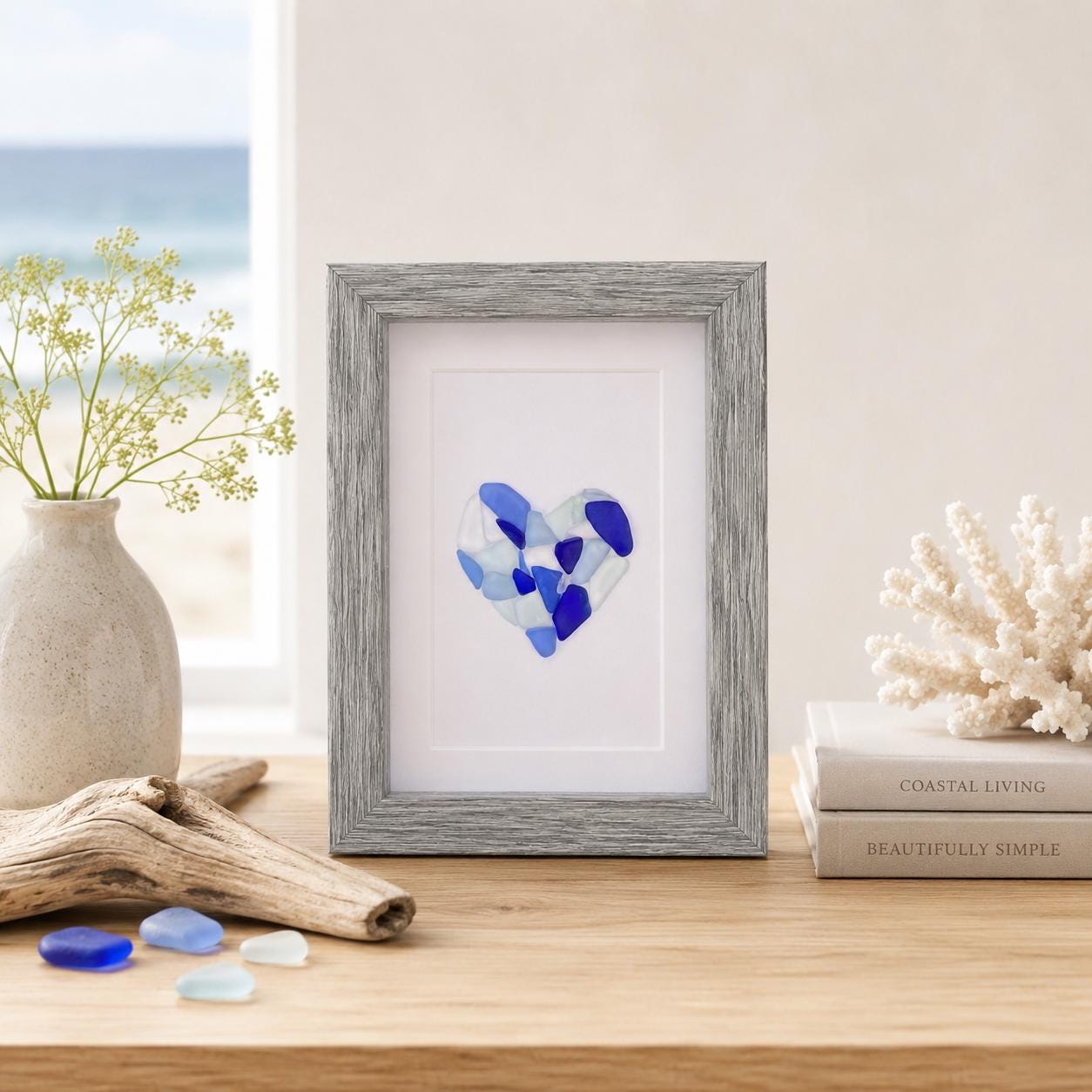 Sea Glass Heart, Framed Coastal Art, Beach Decor, Valentines Day (5x7 inch)
