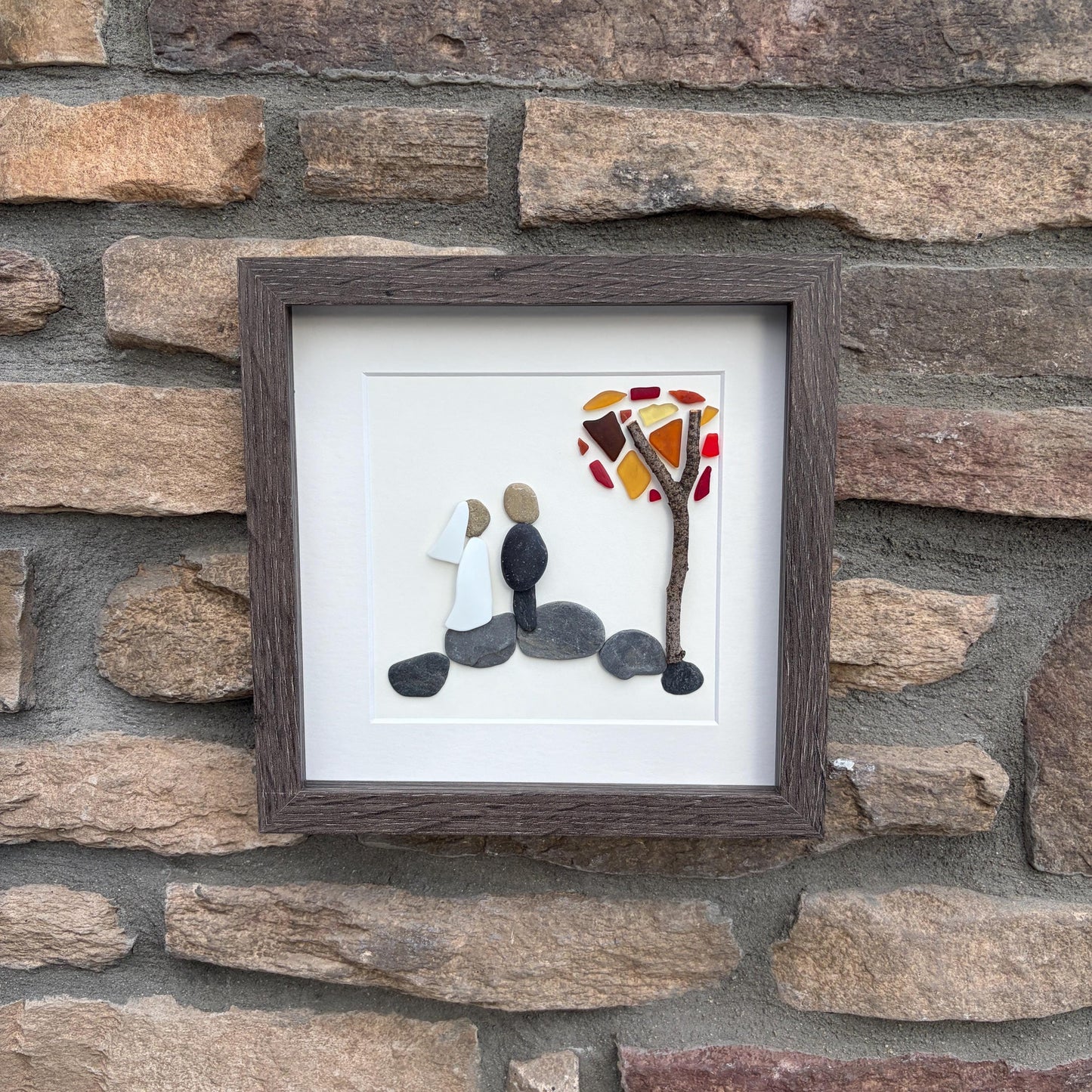 Autumn Wedding Gift with or without Dog | Fall Wedding Gift | 8x8 Handmade Pebble & Sea Glass Art | Personalized Gift for Newlyweds