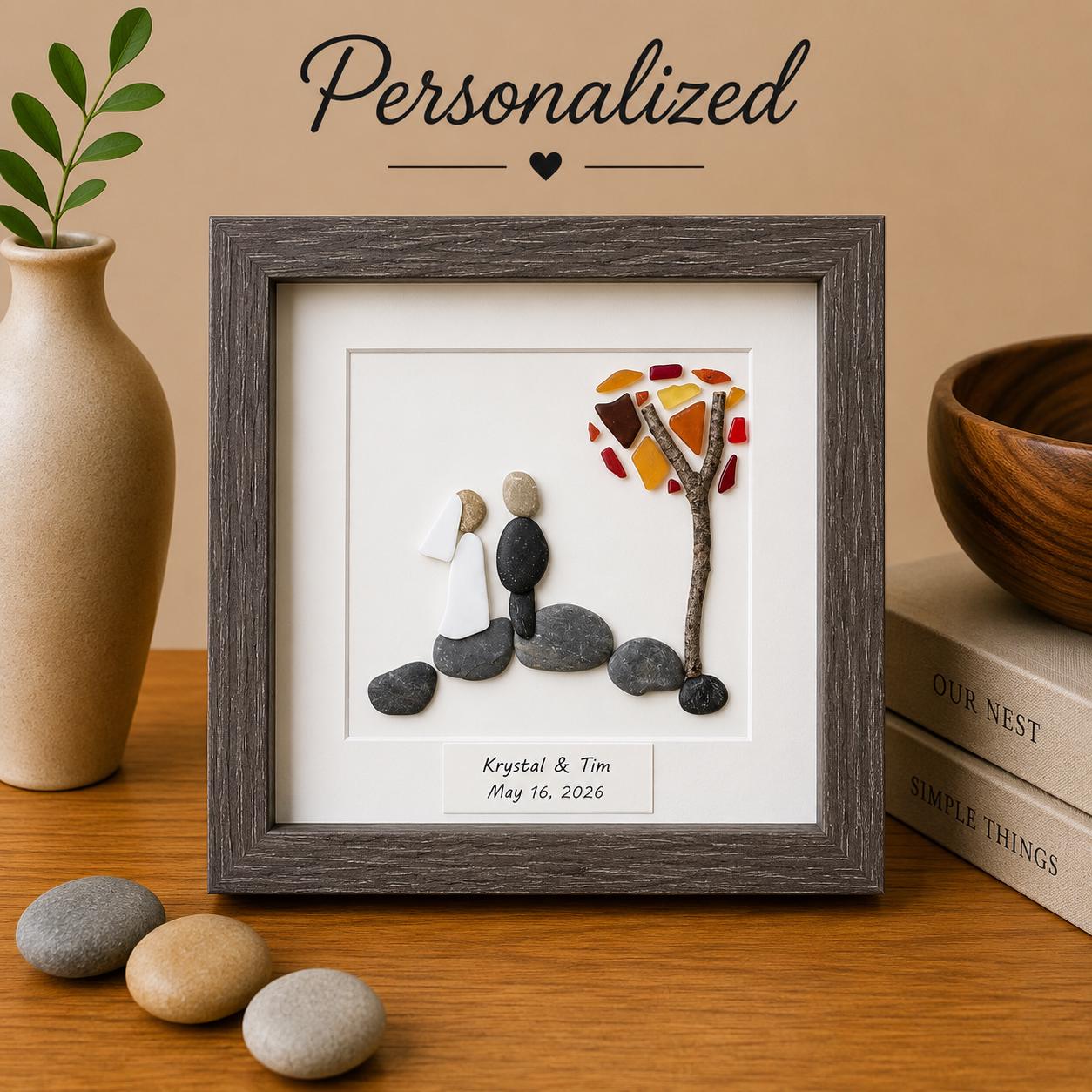 Autumn Wedding Gift with or without Dog | Fall Wedding Gift | 8x8 Handmade Pebble & Sea Glass Art | Personalized Gift for Newlyweds