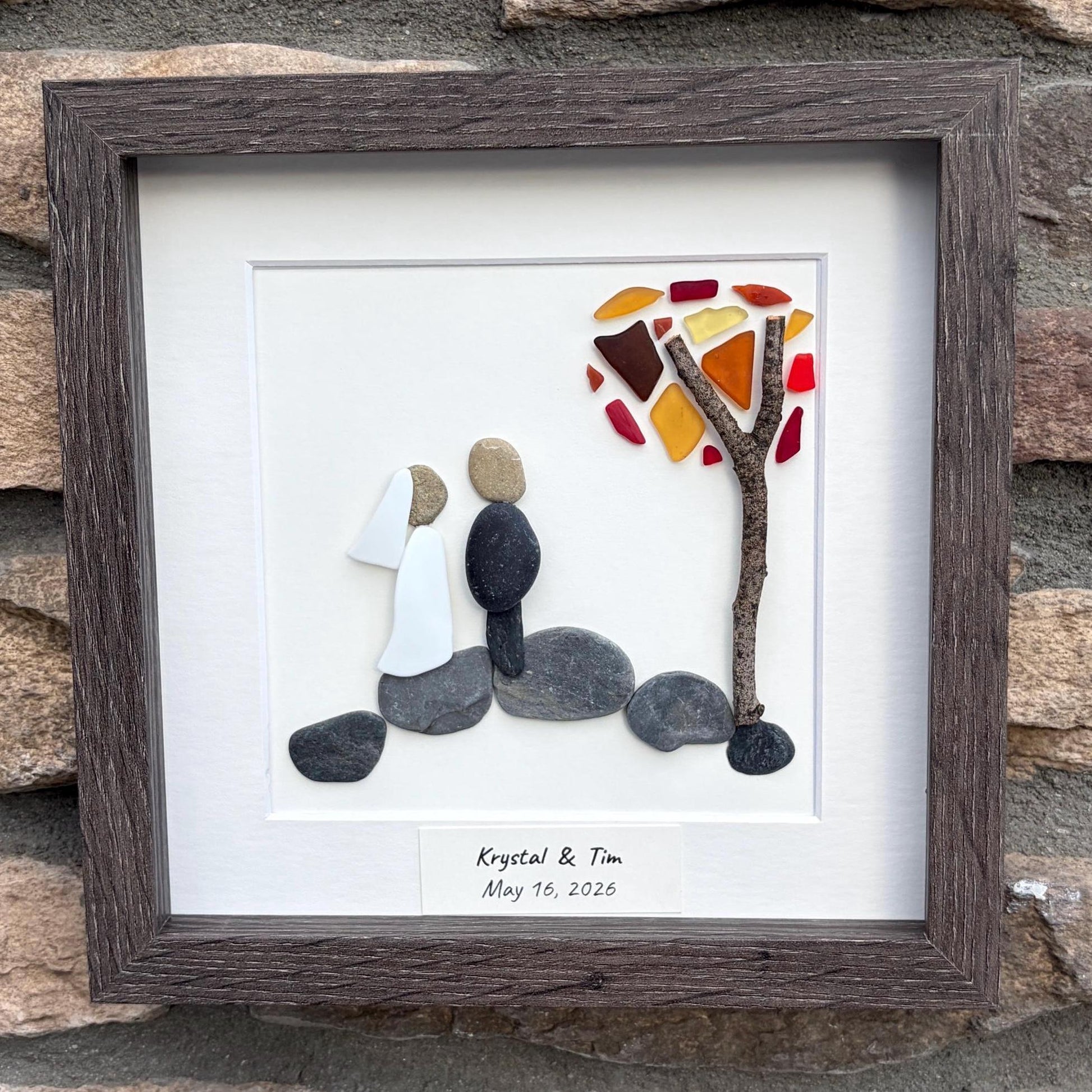 Autumn Wedding Gift with or without Dog | Fall Wedding Gift | 8x8 Handmade Pebble & Sea Glass Art | Personalized Gift for Newlyweds