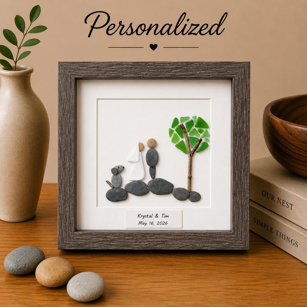 Pebble Art Wedding Gift with Dog – Handmade Newlywed Portrait