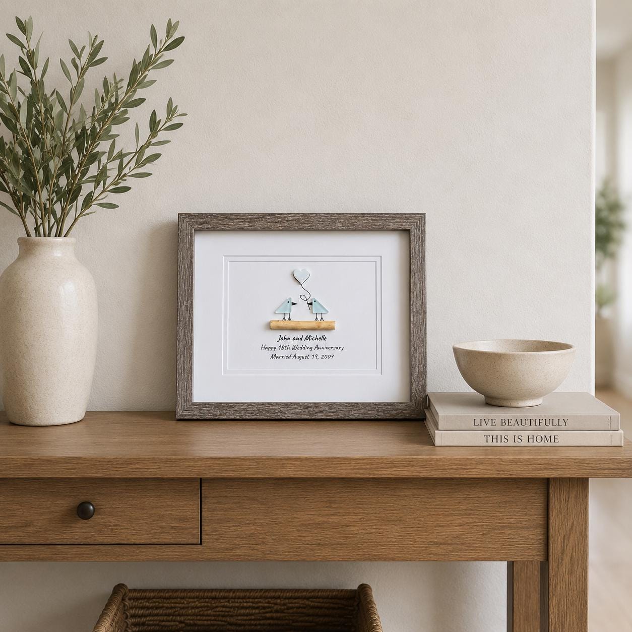 Personalized 18th Wedding Anniversary Sea Glass Art | Porcelain Anniversary Gift | Seaglass Love Birds Artwork