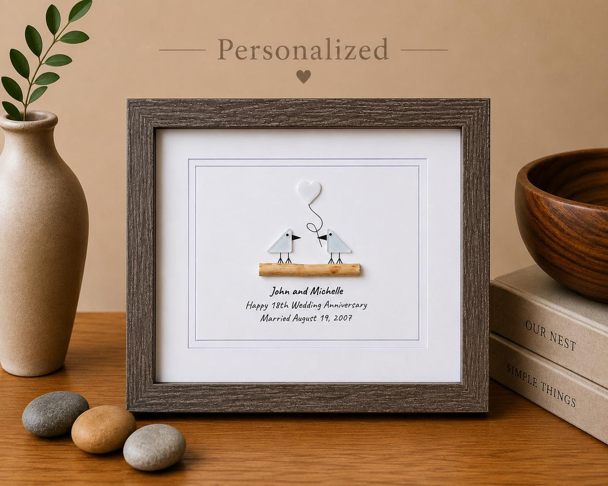 Customized 18th Wedding Anniversary Pebble Art | Porcelain Anniversary Gift | Sea Glass Love Birds Artwork