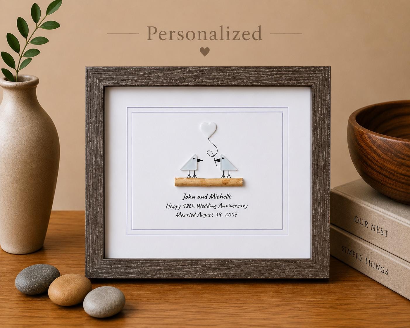 Personalized 18th Wedding Anniversary Sea Glass Art | Porcelain Anniversary Gift | Seaglass Love Birds Artwork