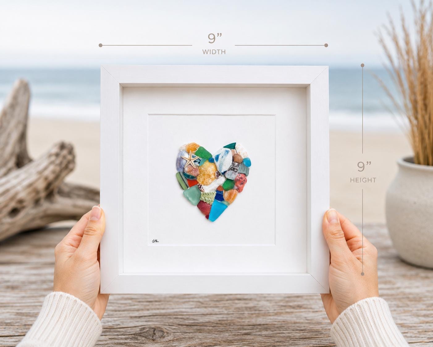 Scottish Sea Glass Heart Collage, Framed Coastal Wall Art (9x9), Valentines Day