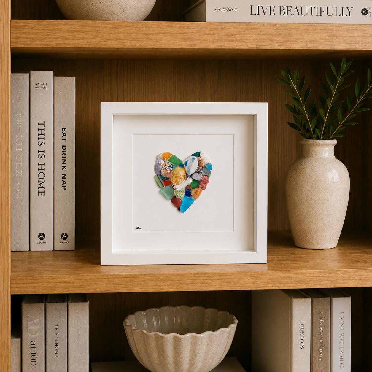 Scottish Sea Glass Heart Collage, Framed Coastal Wall Art (9x9), Valentines Day