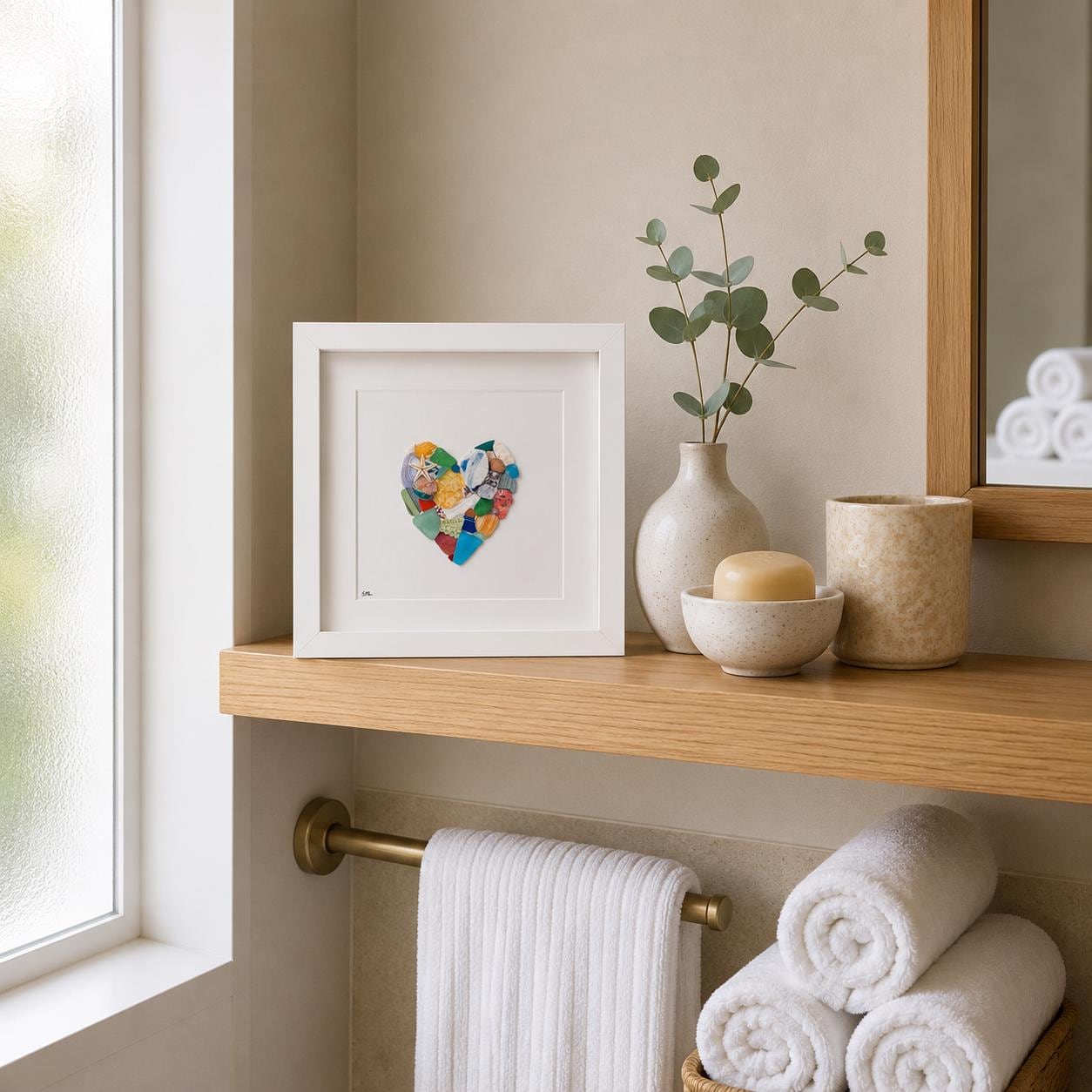Scottish Sea Glass Heart Collage, Framed Coastal Wall Art (9x9), Valentines Day