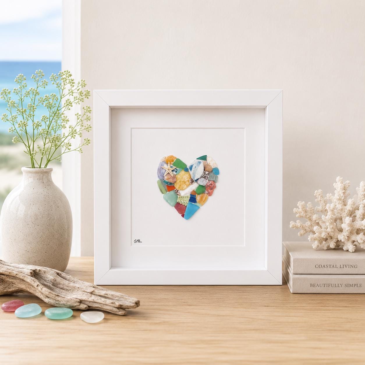 Scottish Sea Glass Heart Collage, Framed Coastal Wall Art (9x9), Valentines Day