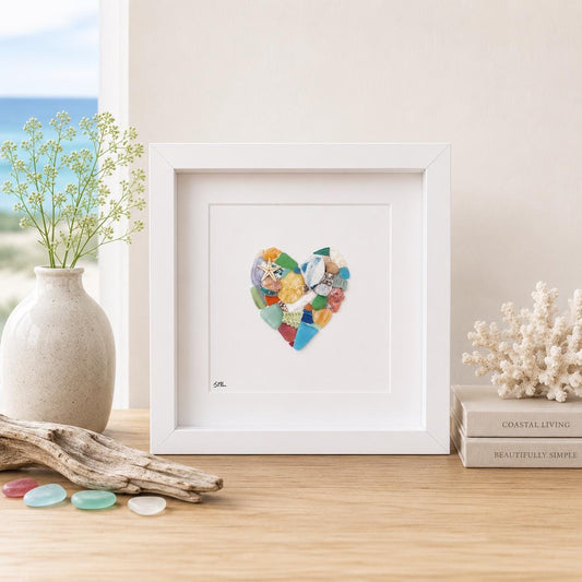 Scottish Sea Glass Heart Collage, Framed Coastal Wall Art (9x9), Valentines Day