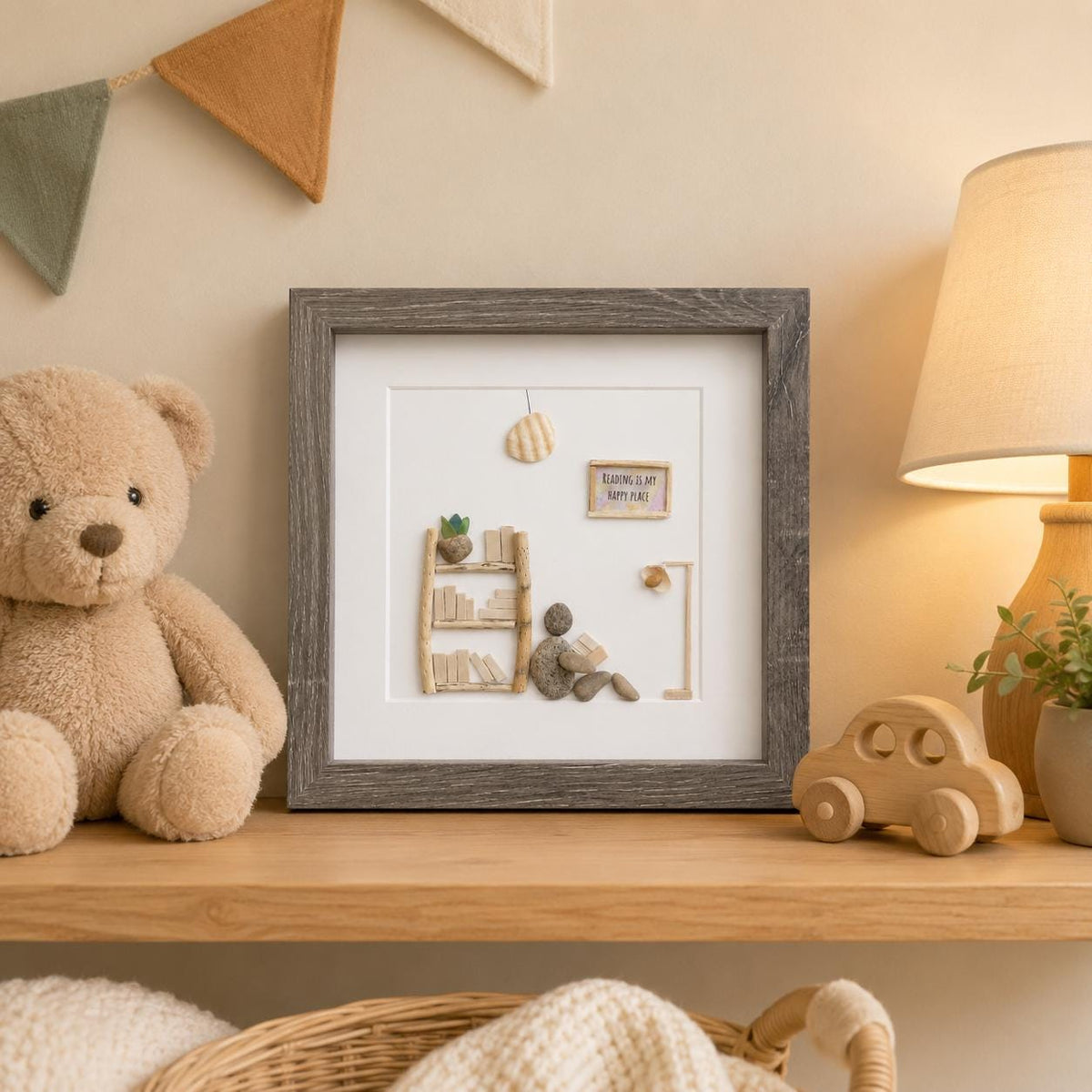 Unique Gift for Book Lovers, 8x8 Pebble Art Picture of Reader Surrounded by Books, Wall Sign Says "Reading is My Happy Place"