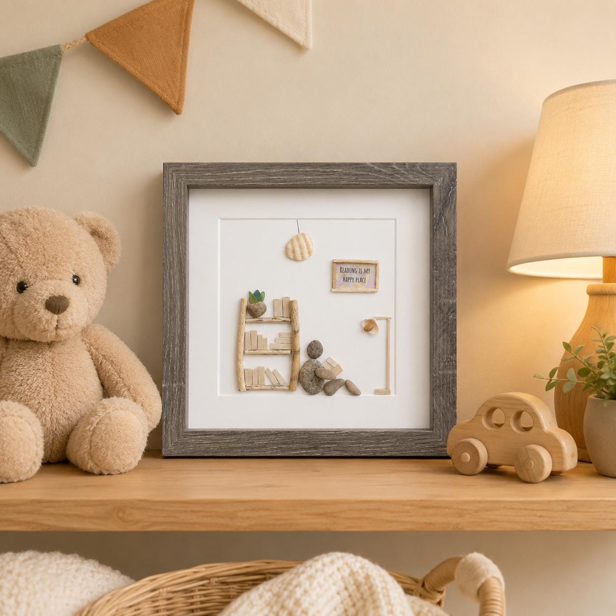 Unique Gift for Book Lovers, 8x8 Pebble Art Picture of Reader Surrounded by Books, Wall Sign Says "Reading is My Happy Place"