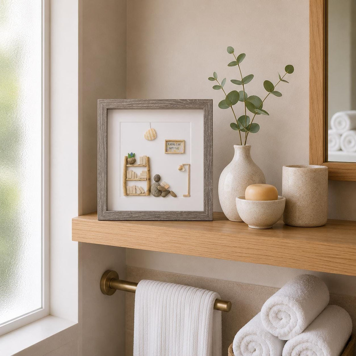 Unique Gift for Book Lovers, 8x8 Pebble Art Picture of Reader Surrounded by Books, Wall Sign Says "Reading is My Happy Place"
