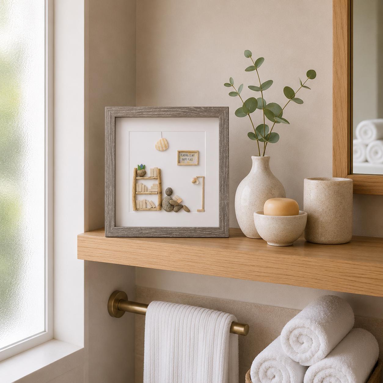 Unique Gift for Book Lovers, 8x8 Pebble Art Picture of Reader Surrounded by Books, Wall Sign Says "Reading is My Happy Place"