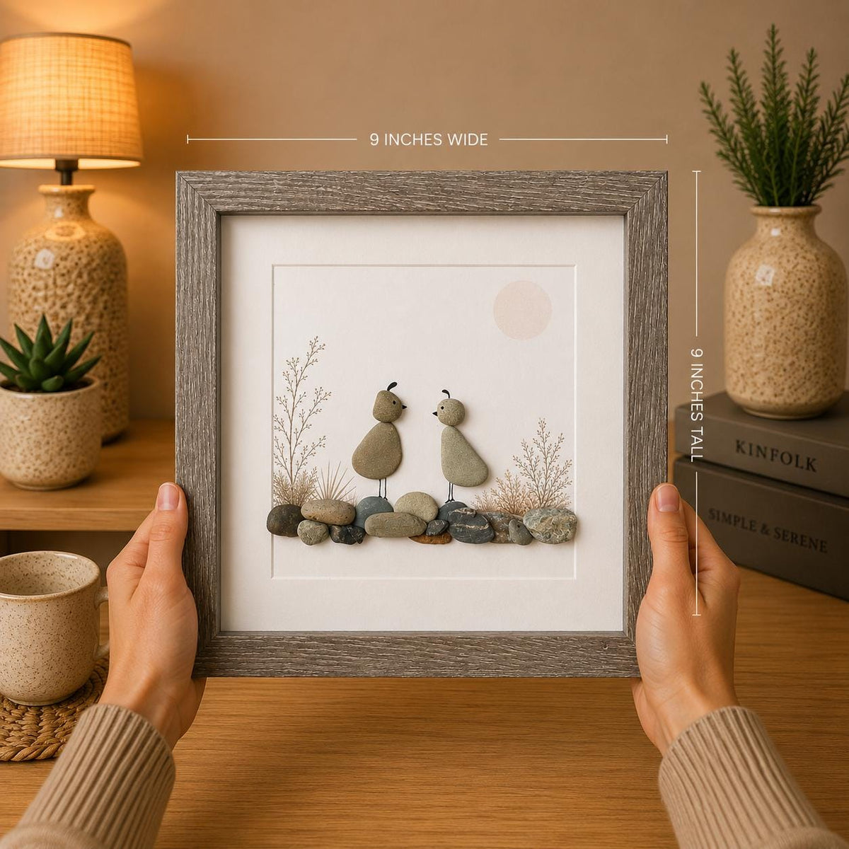 Quail Pebble Art Framed | Nature Gift Handmade Coastal Art | 8x8 Framed Art