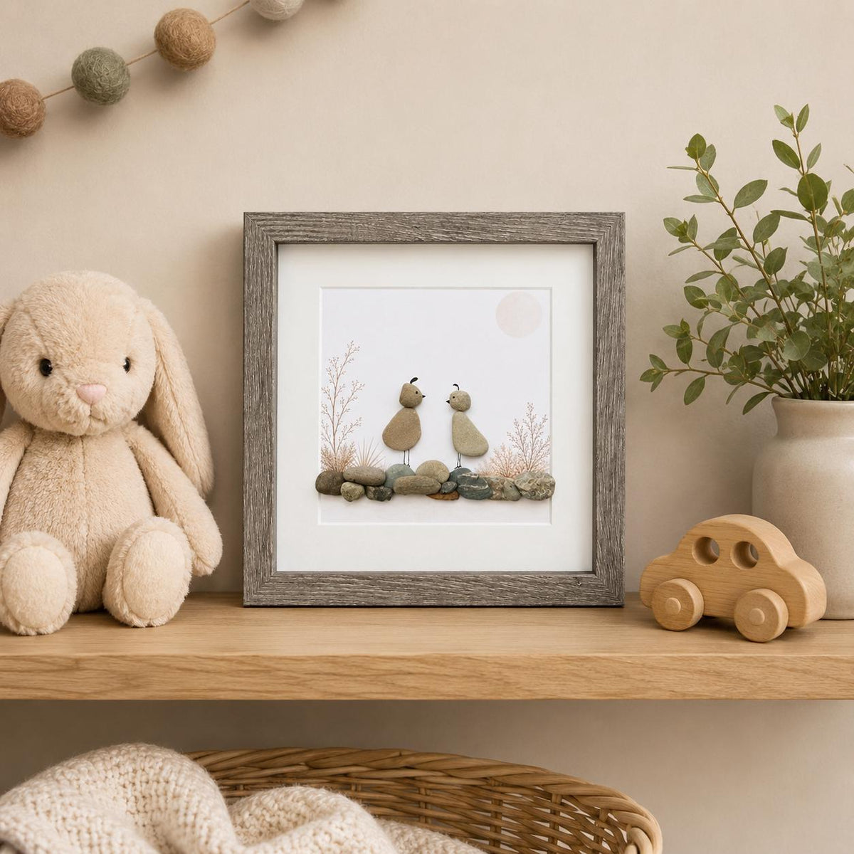 Quail Pebble Art Framed | Nature Gift Handmade Coastal Art | 8x8 Framed Art