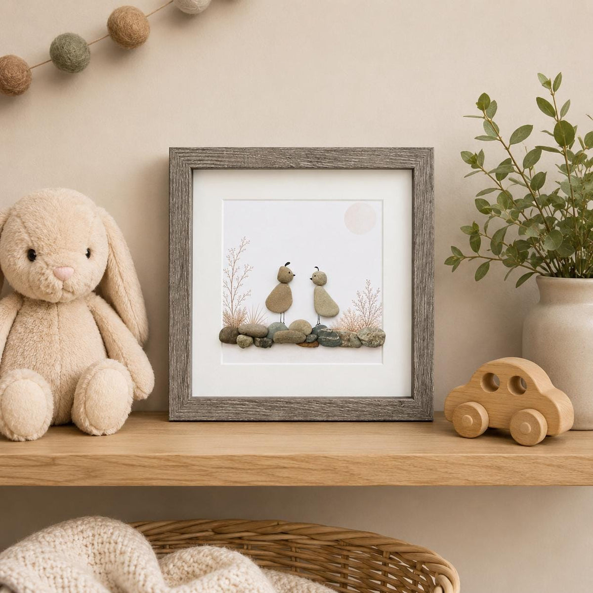Quail Pebble Art Framed | Nature Gift Handmade Coastal Art | 8x8 Framed Art