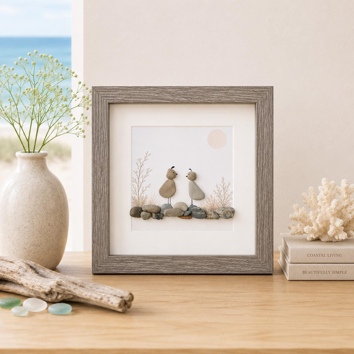 Quail Pebble Art Framed | Nature Gift Handmade Coastal Art | 8x8 Framed Art