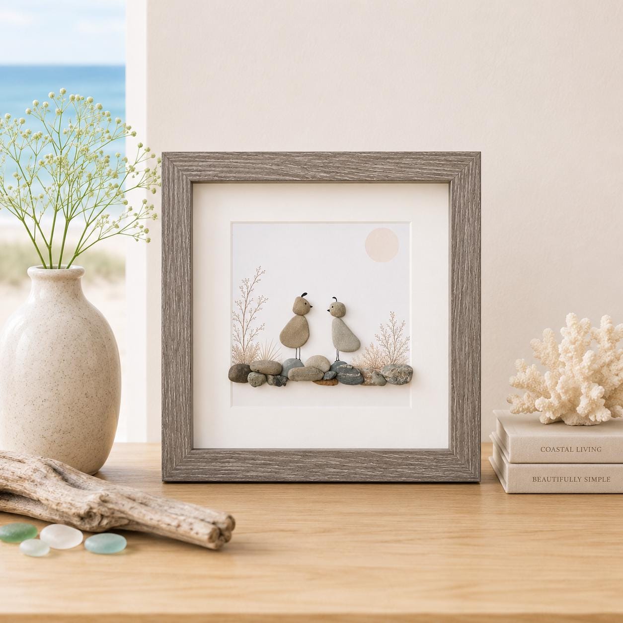 Quail Pebble Art Framed | Nature Gift Handmade Coastal Art | 8x8 Framed Art