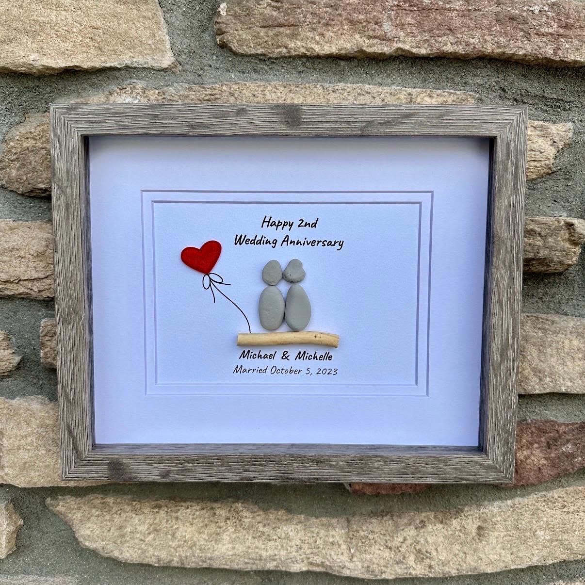2nd Wedding Anniversary Pebble Art | Cotton Anniversary Gift With Red Heart