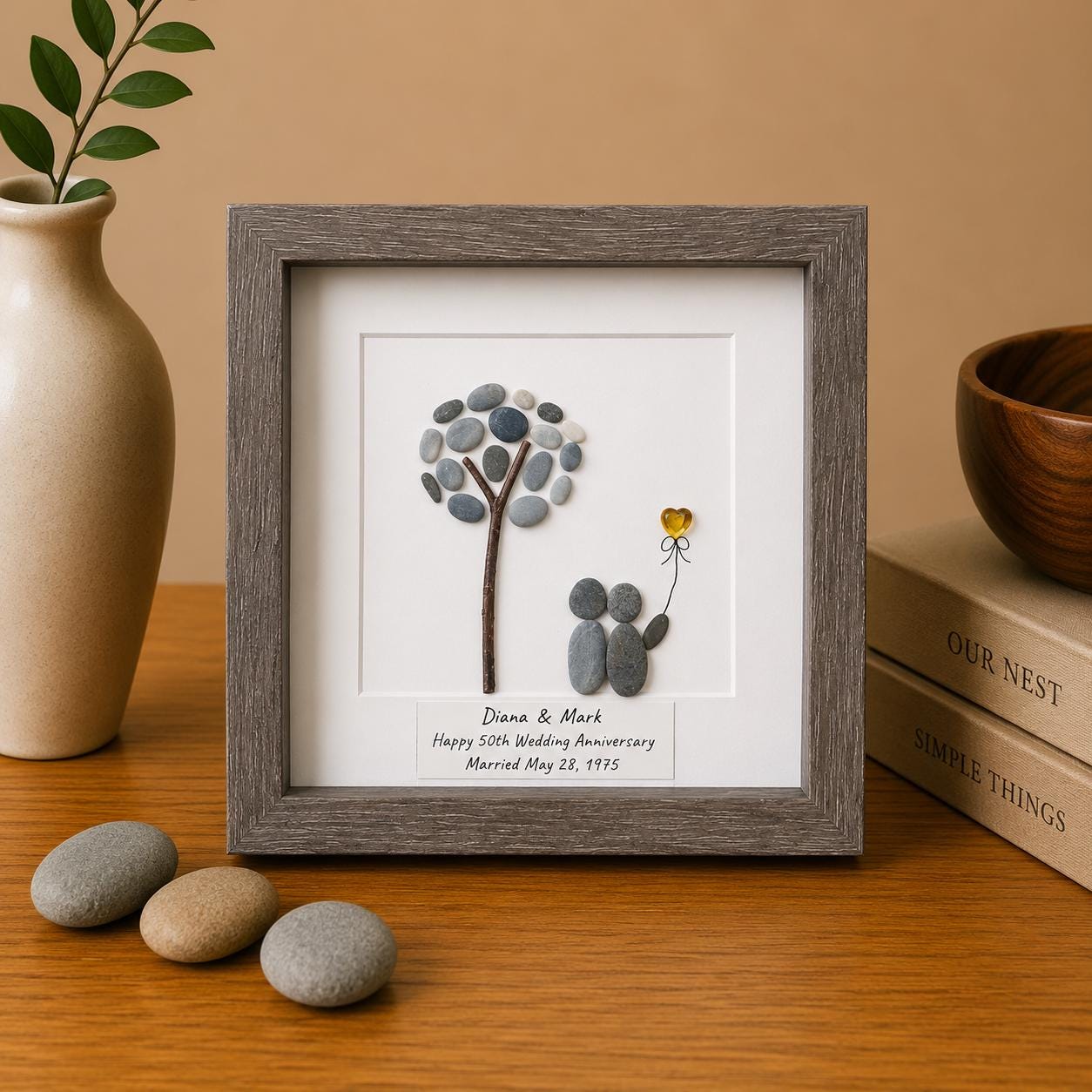 Personalized 50th Anniversary Pebble Art Gift for Couple | Golden Anniversary Gift | Custom Names & Date | Handmade Stone Artwork