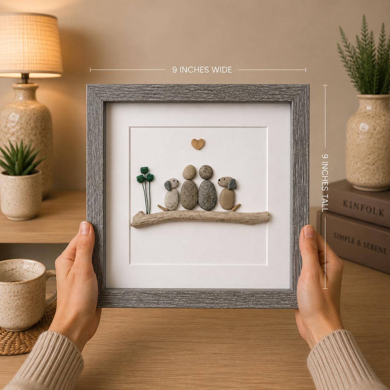 Couple with Two Dogs, 8x8 Framed Pebble Art, Personalized Pet Artwork, Perfect Gift for Dog Owners