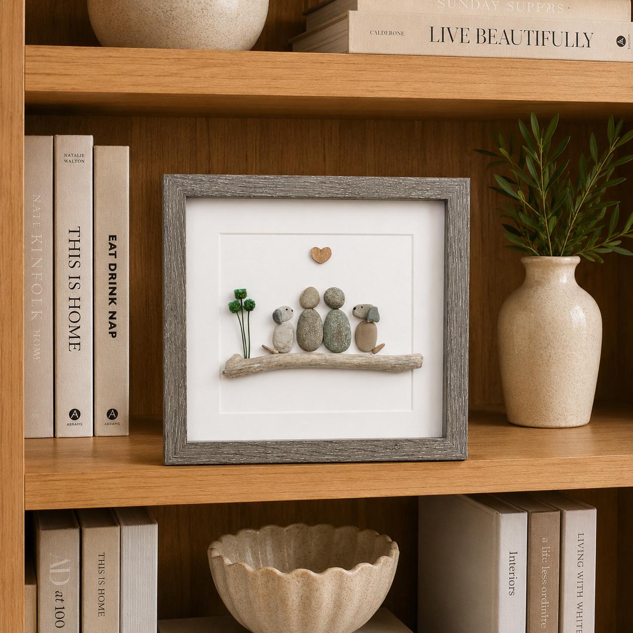 Couple with Two Dogs, 8x8 Framed Pebble Art, Personalized Pet Artwork, Perfect Gift for Dog Owners